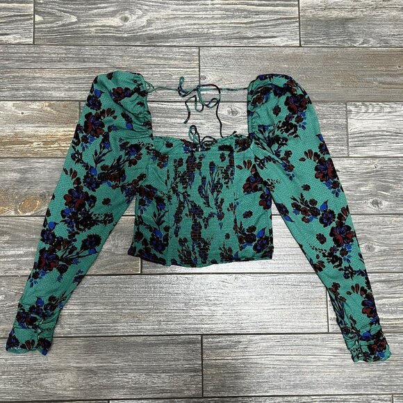 NWT $98 Free People Hilary Printed Top Size XS Green Combo Smocked Blouse - Picture 11 of 16